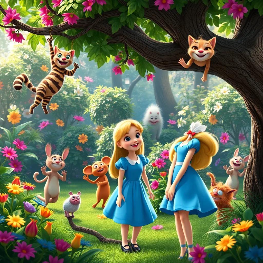 In a vibrant garden, Alice, the blonde girl in a blue dress, with a group of strange creatures dancing, including a smiling striped cat hanging from a tree, bright colors, joyful atmosphere, enchanting detail