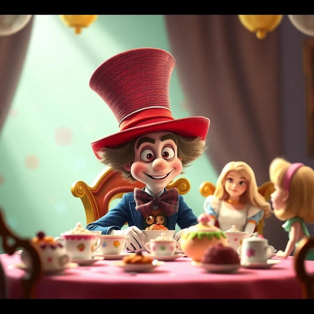 A funny Mad Hatter, wearing a tall hat, sitting at a colorful tea party table with Alice, surrounded by teacups and sweets, whimsical style, cheerful light, playful atmosphere