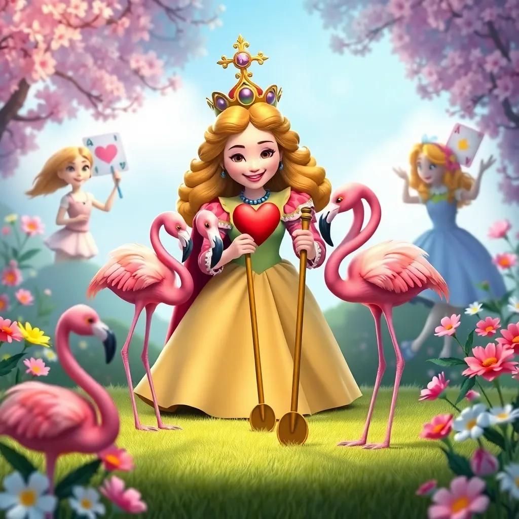 A friendly queen with a big heart plays croquet with Alice using flamingos, beautiful flowers and cheering card characters in the background, bright colors, fun, adventurous light
