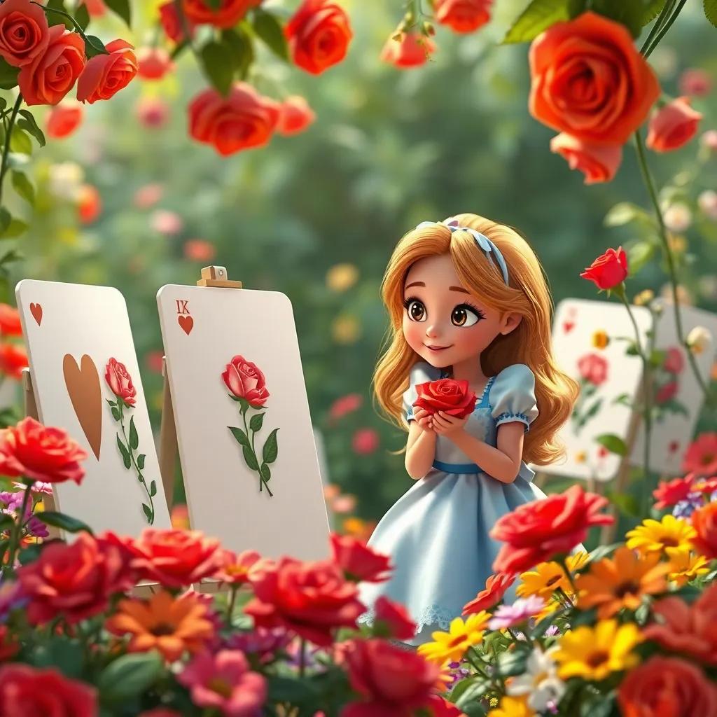 A group of cards painting white roses red, with Alice observing curiously, colorful garden with vibrant flowers, funny atmosphere, engaging scene