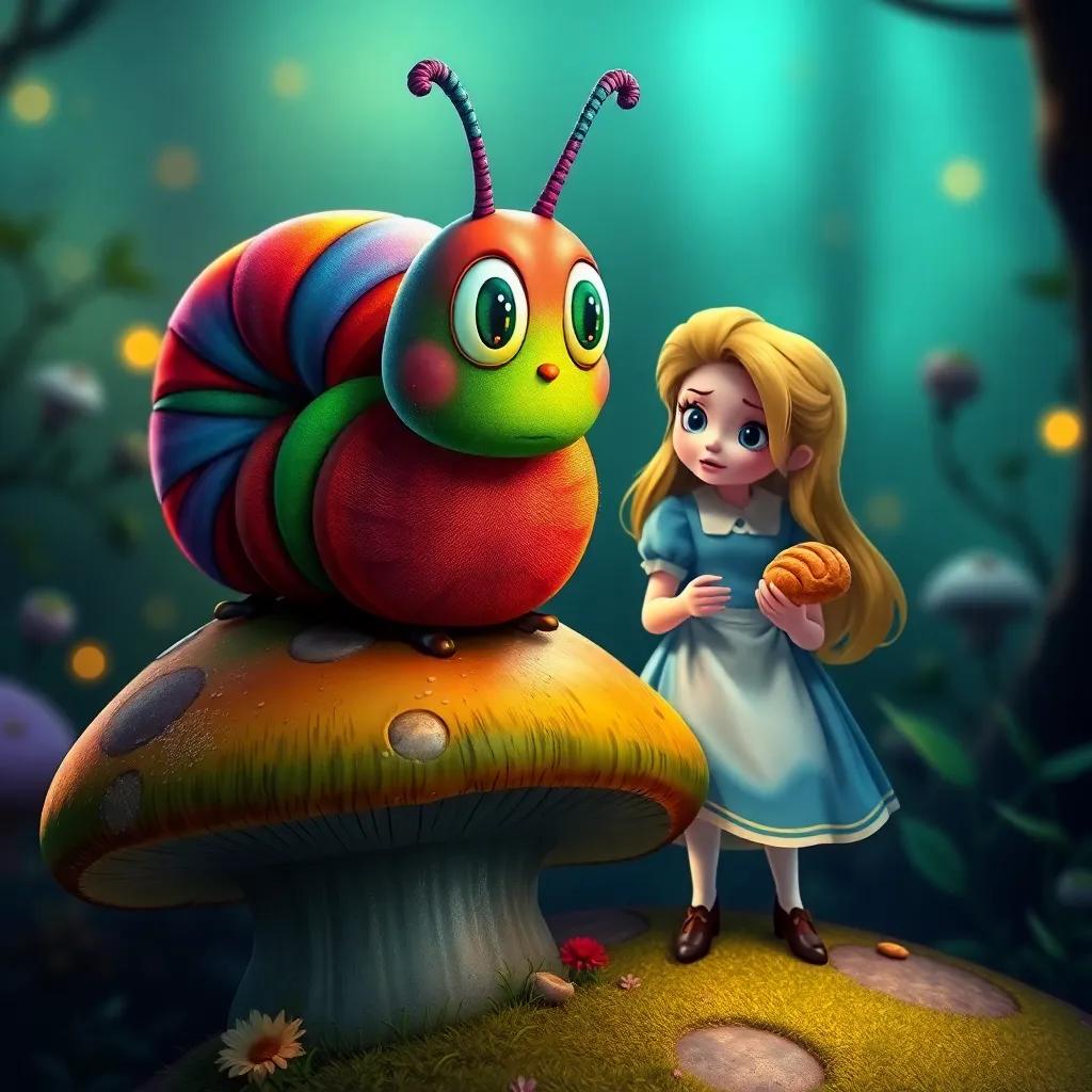 A wise caterpillar with vibrant colors sitting on a mushroom, with Alice looking puzzled while holding a pastry, whimsical style, fantastical lighting, artistic detail