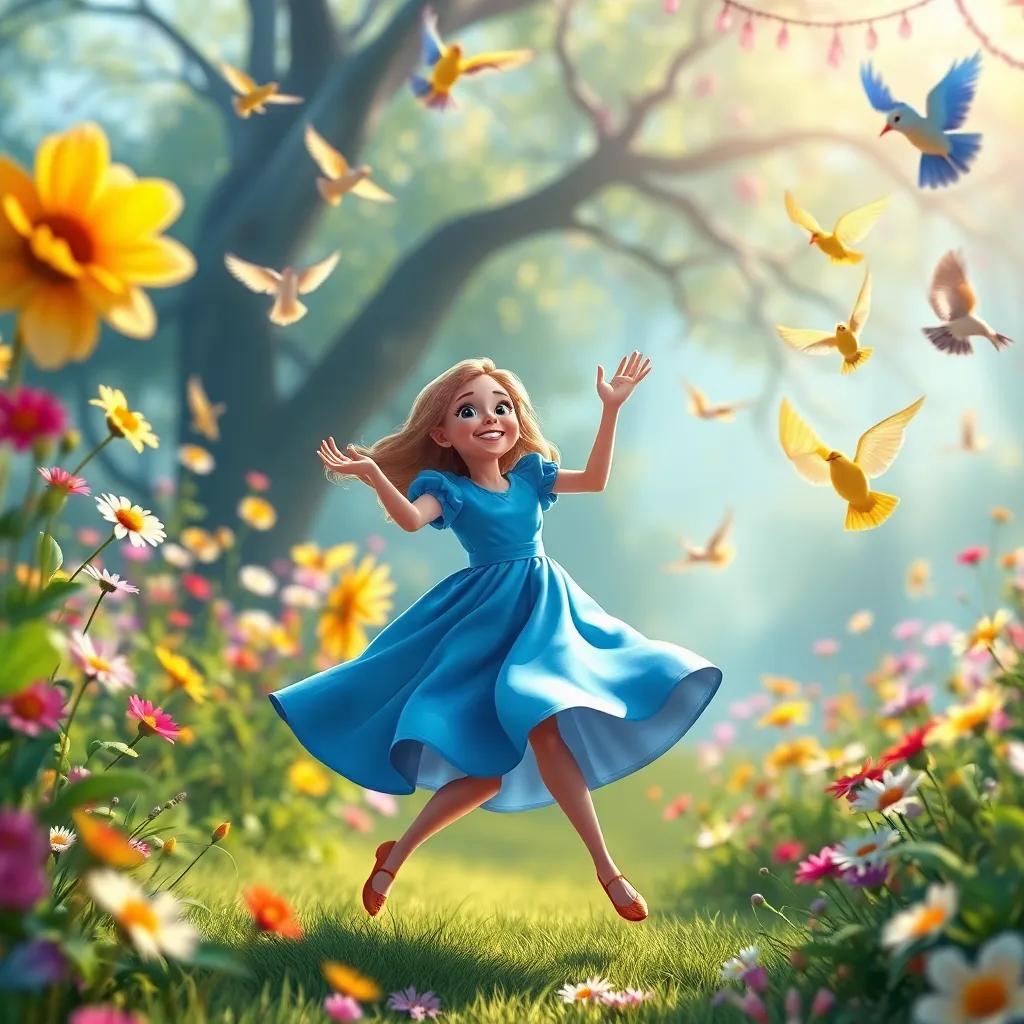 Alice, in a blue dress, joyfully dancing with flowers and birds in a magical world, bursting with colors and laughter, joyful light, enchanting scene