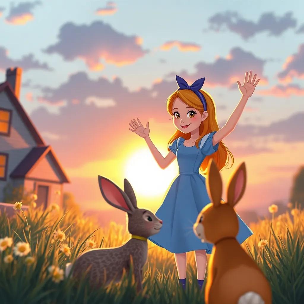 Alice waving goodbye to her friends with the rabbit in front, as the sun sets, creating a warm and inviting atmosphere, heartwarming scene, detailed illustration