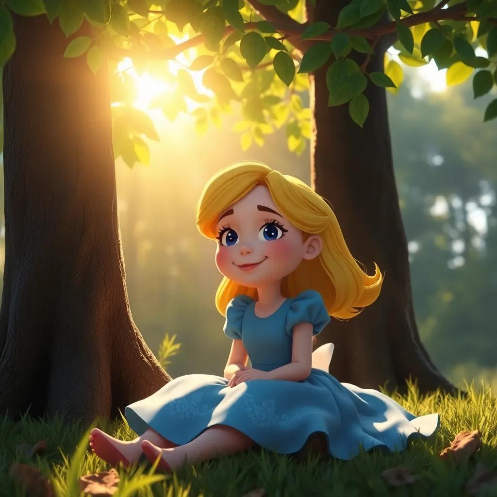 Alice waking up under a tree, with a dreamy smile, as the sun shines through leaves, soft light, peaceful and serene atmosphere, artistic touch