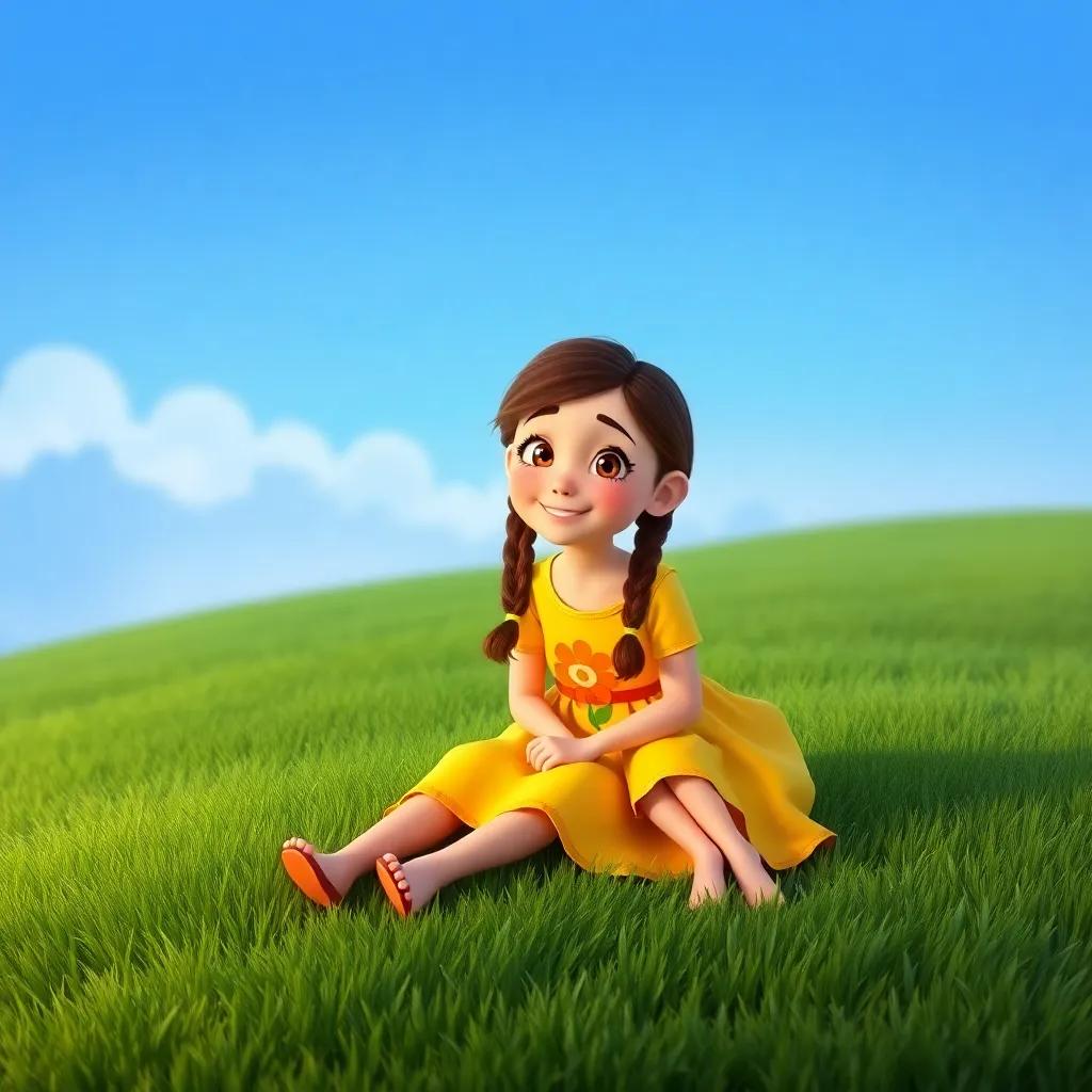 A girl named Lina, with brown hair in two braids, wearing a bright yellow dress with a flower pattern, sitting on a green grass field talking to her friend with a happy smile, cheerful atmosphere, vibrant colors, high quality