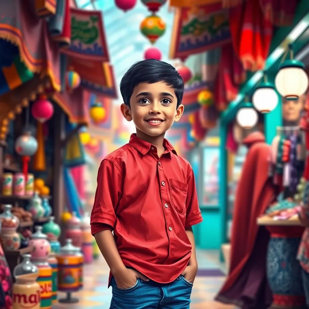 A young Arab boy, Ali, with short black hair, wearing a bright red shirt and blue jeans, standing in a colorful souq filled with stalls, bright colors, lively atmosphere, digital art, cheerful, vibrant colors, high quality