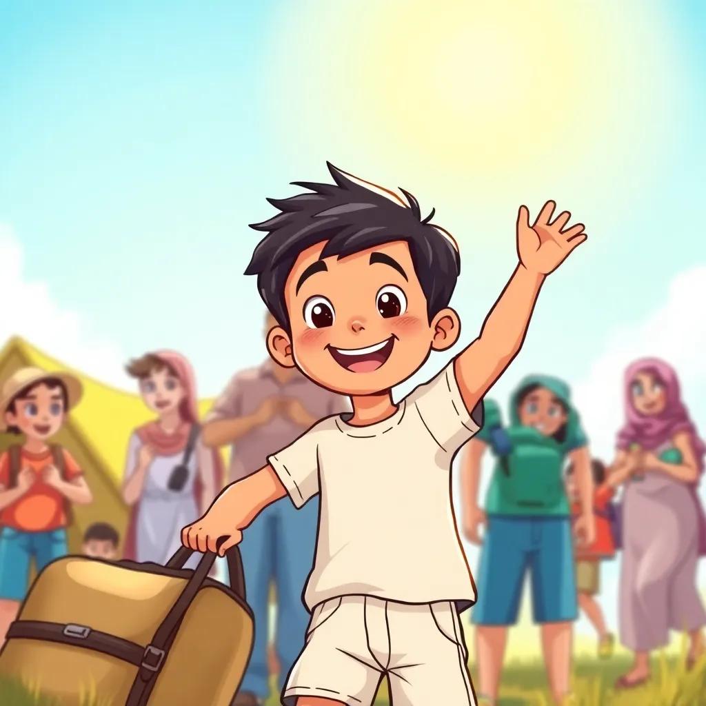 A cheerful young Arab boy, Ali, with short, black hair, wearing a light t-shirt and shorts, excitedly packing a camping bag with his family under a bright blue sky, vibrant colors, sunny atmosphere, high quality