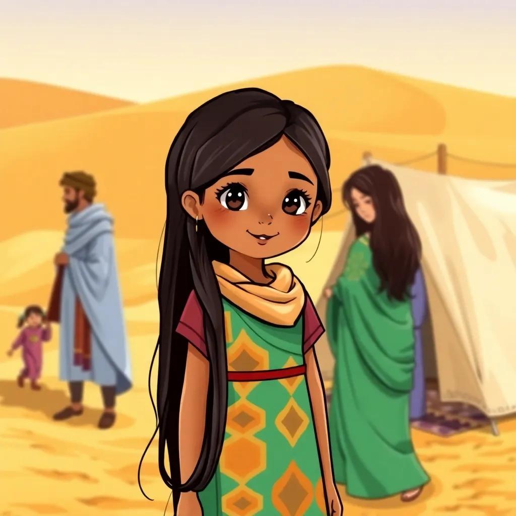 A young Arab girl, Noura, with long, dark hair, wearing a colorful dress, standing with her family in a golden dune setting, setting up a tent, detailed digital art, warm colors, inviting atmosphere, high quality
