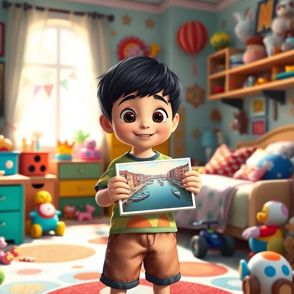 A little boy, Ali, with short black hair, wearing a colorful t-shirt and shorts, standing in his cheerful bedroom filled with toys, holding a picture of a canal, sunlight pouring in through the window, digital art, vibrant, cozy atmosphere, high quality