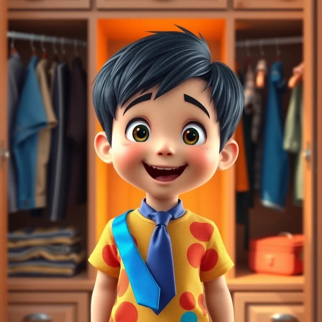 A little boy, Ali, with short black hair, wearing a colorful t-shirt, standing in front of an open cupboard filled with clothes, holding a shiny blue tie, excitement on his face, warm light, cheerful colors, engaging and dynamic composition, high quality