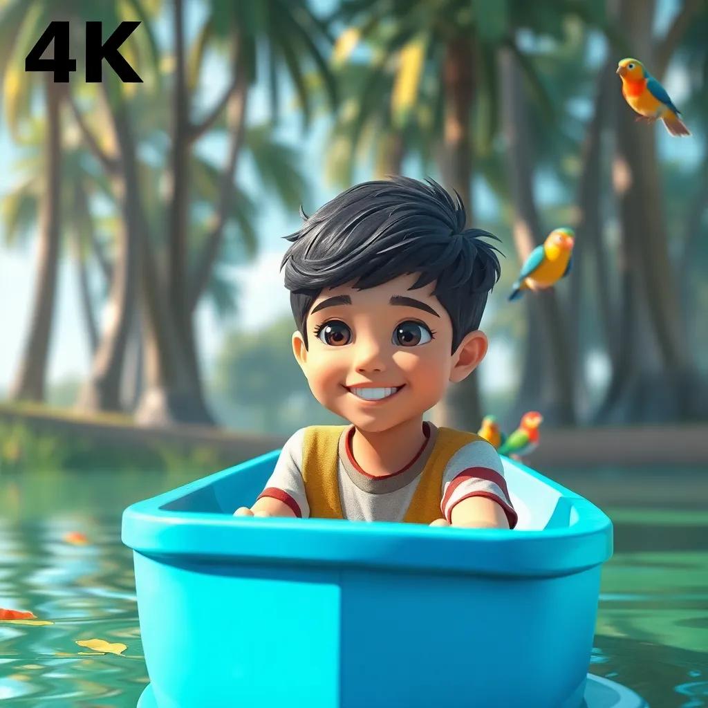 Ali, a young boy with bright eyes and a big smile, sitting in a little blue boat on a sunny day, with tall trees and colorful birds in the background, digital art, cheerful atmosphere, vibrant colors, close-up view, high quality