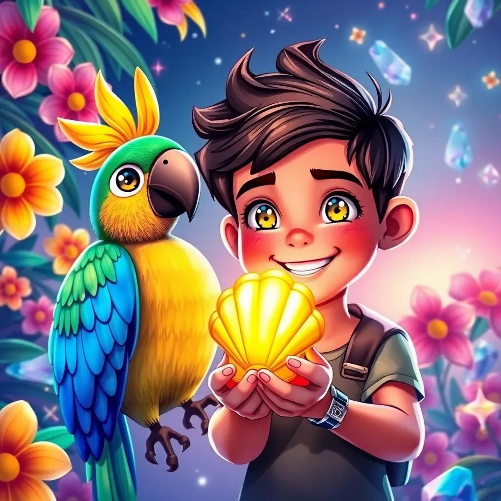Ali, a young boy with bright eyes, holding up a golden shell with a big smile, standing next to Paco the parrot with bright feathers, surrounded by colorful flowers and sparkling stones, digital illustration, joyful, adventure theme, high quality