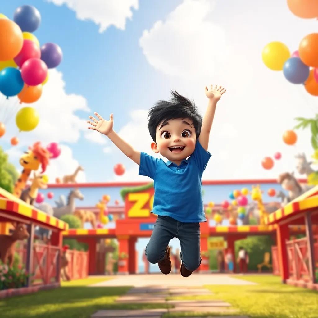 A young boy, Ali, with short black hair and wearing a blue shirt, jumping up in excitement at the entrance of a big zoo with colorful balloons and a sunny sky, cheerful atmosphere, vibrant colors, high quality