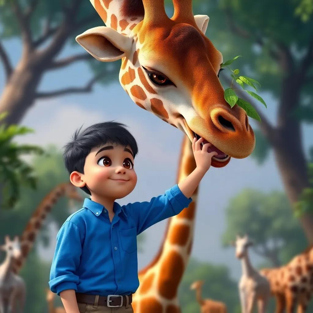 Ali, a young boy with short black hair in a blue shirt, standing beside a tall giraffe, reaching out to touch its neck while the giraffe munches leaves, animals in the background, detailed digital art, bright colors, playful scene