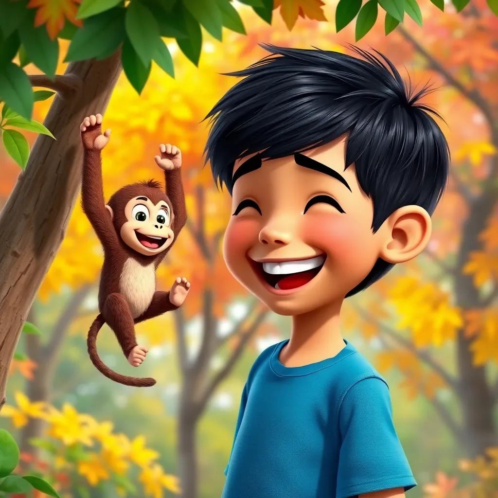 Ali, a young boy with short black hair wearing a blue shirt, laughing at a tiny monkey swinging from branches, colorful trees around, joyful expression, child-friendly, bright and colorful
