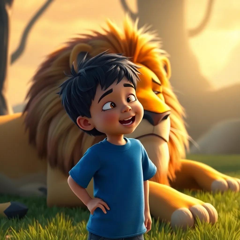 Ali, a young boy with short black hair in a blue shirt, pretending to roar as he stands in front of a big lion resting under the sun, fierce but sleepy, warm light, friendly vibe