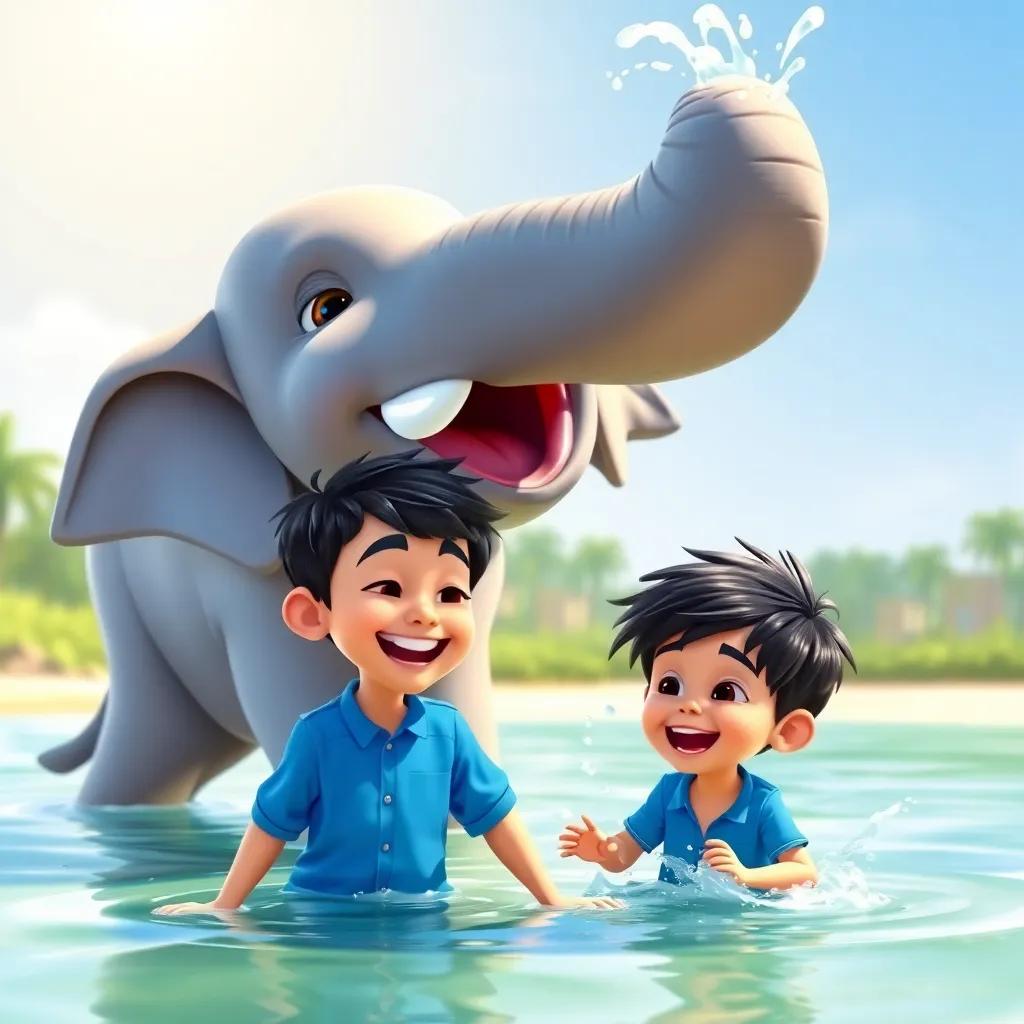 A playful elephant spraying water with its trunk, Ali, a young boy with short black hair in a blue shirt, giggling and splashed with water, bright sunny day, cheerful mood, colorful setting