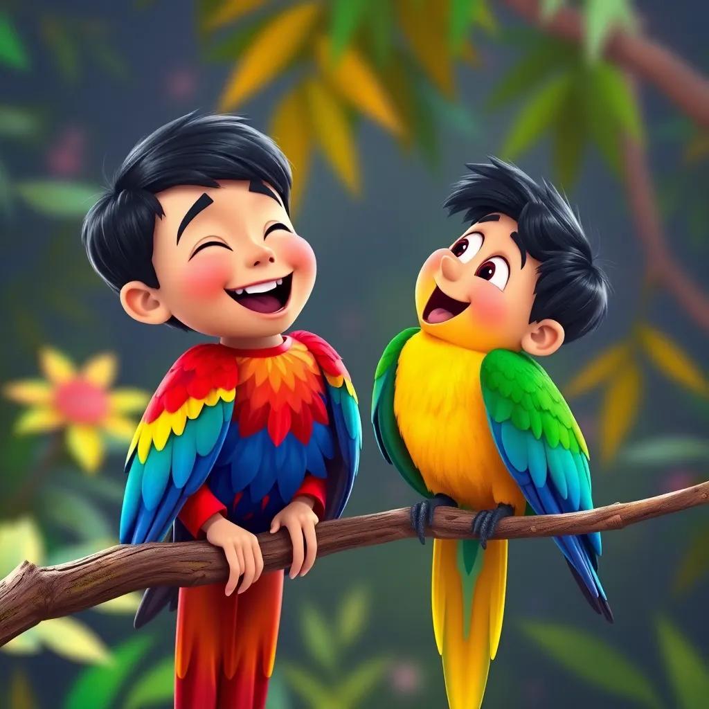 A vibrant parrot sitting on a branch with Ali, a young boy with short black hair wearing a blue shirt, laughing and calling the parrot, colorful background, lively atmosphere, child-friendly