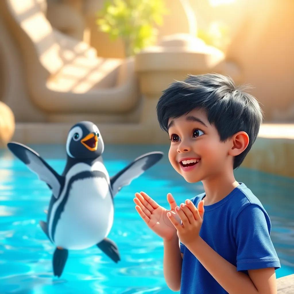 Ali, a young boy with short black hair in a blue shirt, cheering for a swimming penguin diving in a clear blue pool, joyful expression, bright sunlight, colorful zoo scene