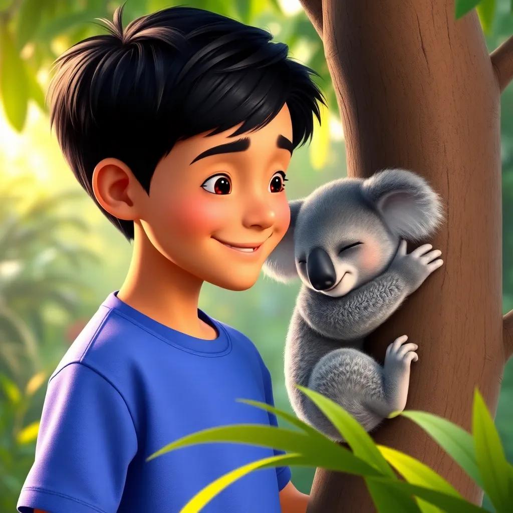 Ali, a young boy with short black hair wearing a blue shirt, smiling at a sleepy koala hugging a tree in a lush green environment, calm and playful, warm light, colorful nature