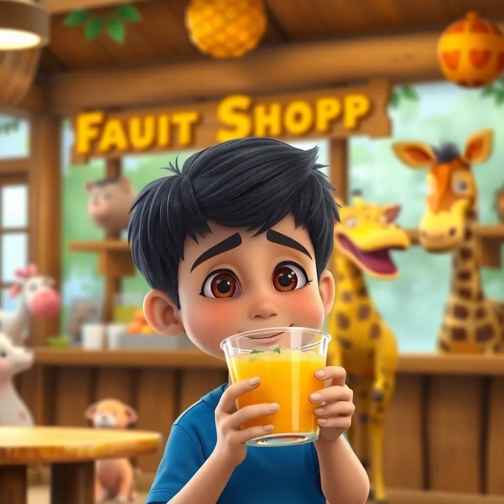 Ali, a young boy with short black hair in a blue shirt, holding a cup of fruit juice at the zoo shop, looking happy and tired, with animals in the background, cheerful colors, cozy atmosphere