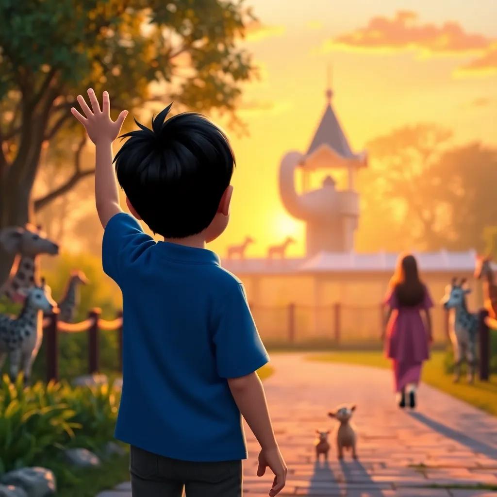 Ali, a young boy with short black hair in a blue shirt, waving goodbye to the zoo animals in his mind as he walks away with his mom, warm sunset over the zoo, heartwarming scene