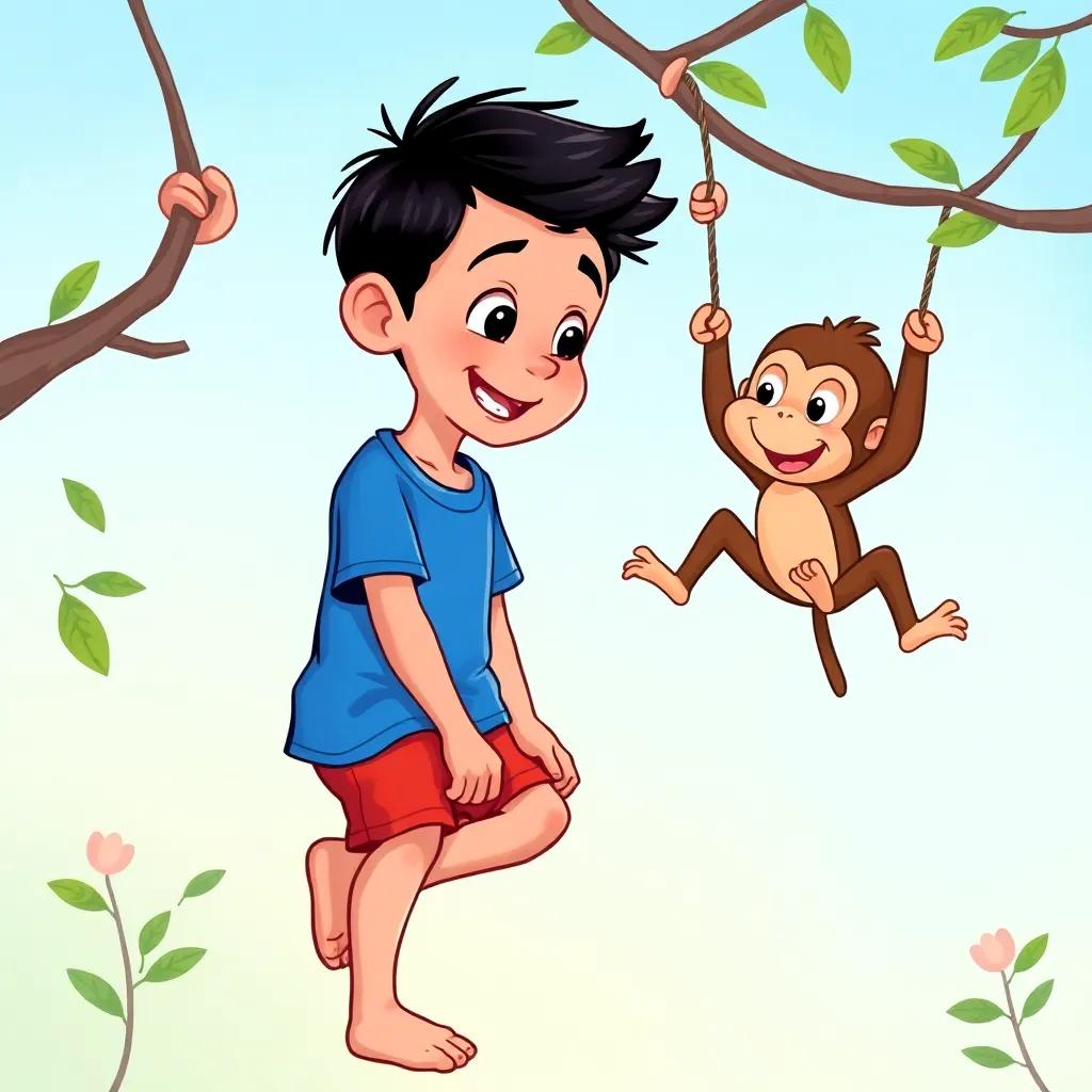 A young boy, Ali, with short black hair, wearing a bright blue t-shirt and shorts, watching a silly monkey swing on branches, happy and playful vibe, lively colors, high quality