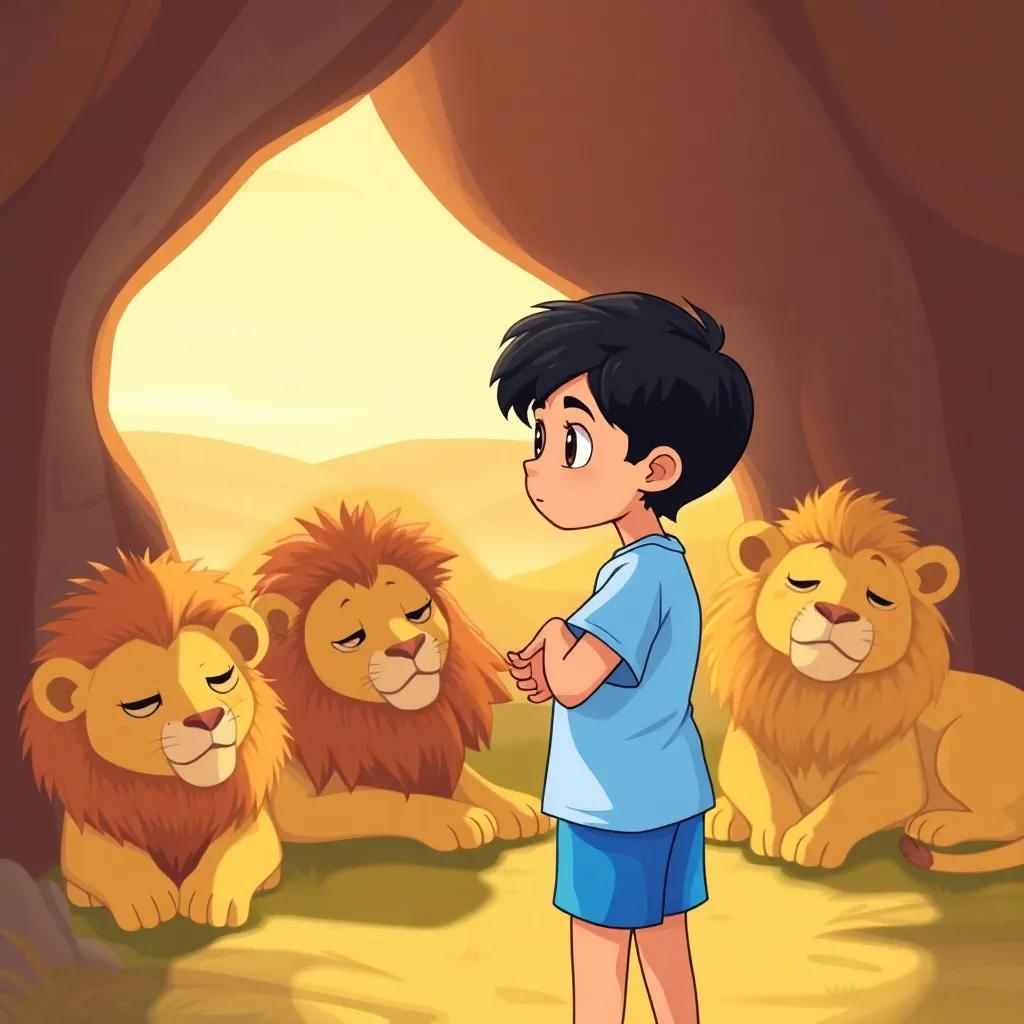 A young boy, Ali, with short black hair, wearing a bright blue t-shirt and shorts, whispering to his friends while looking at sleeping lions, warm sunlight, relaxed atmosphere, high quality