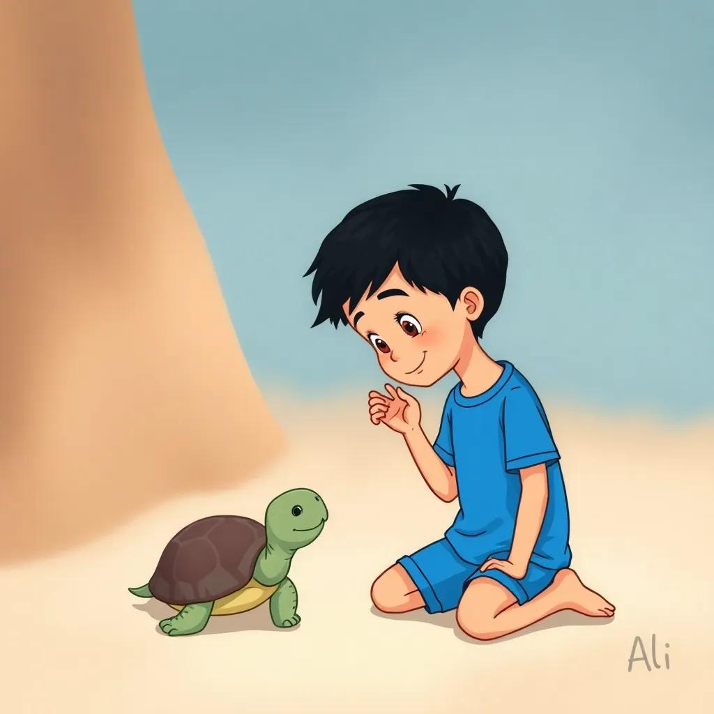 A young boy, Ali, with short black hair, wearing a bright blue t-shirt and shorts, gently talking to a shy turtle poking its head out of its shell, calm setting, happy feelings, high quality