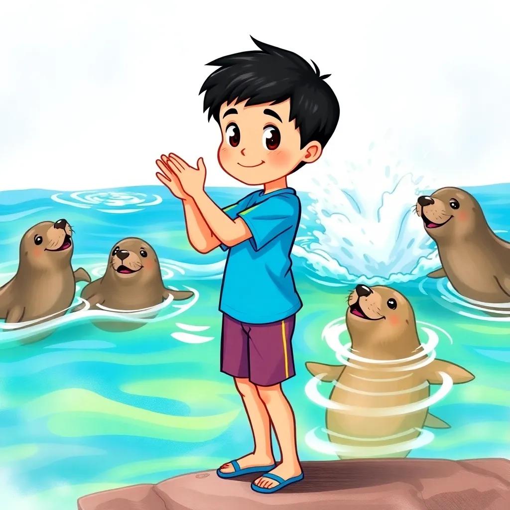 A young boy, Ali, with short black hair, wearing a bright blue t-shirt and shorts, clapping by the water where seals are splashing, dynamic scene, colorful bright water, high quality