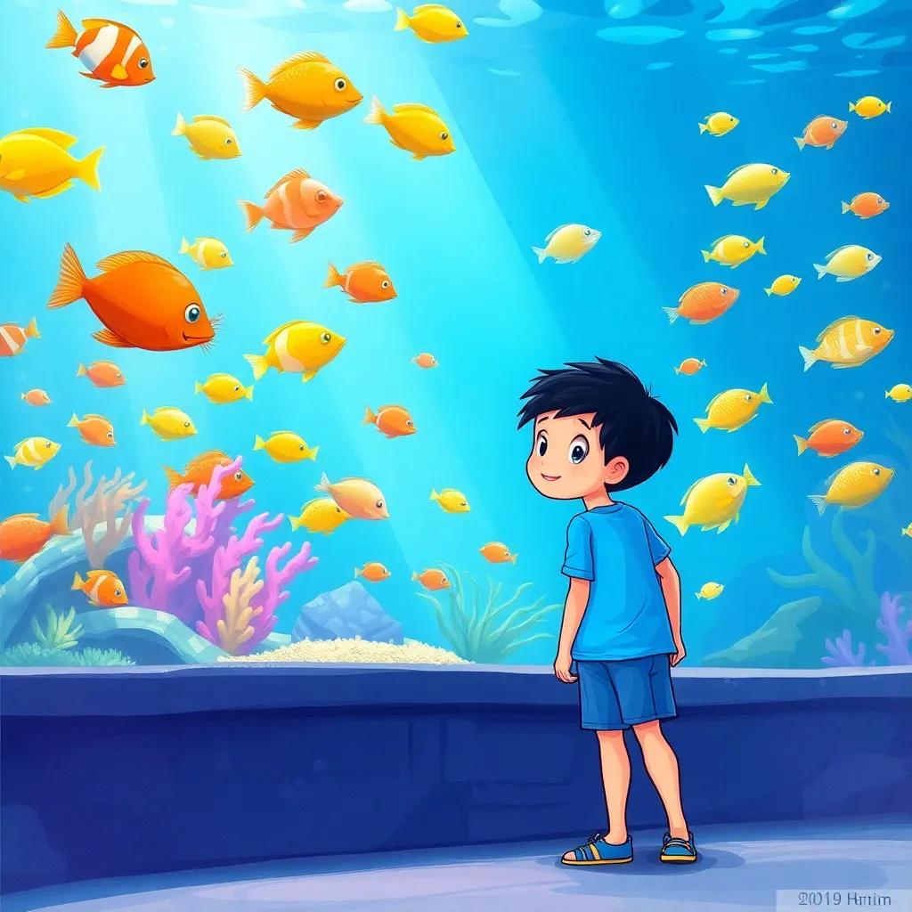 A young boy, Ali, with short black hair, wearing a bright blue t-shirt and shorts, amazed by colorful fish swimming in a big tank, underwater scene, happy atmosphere, high quality