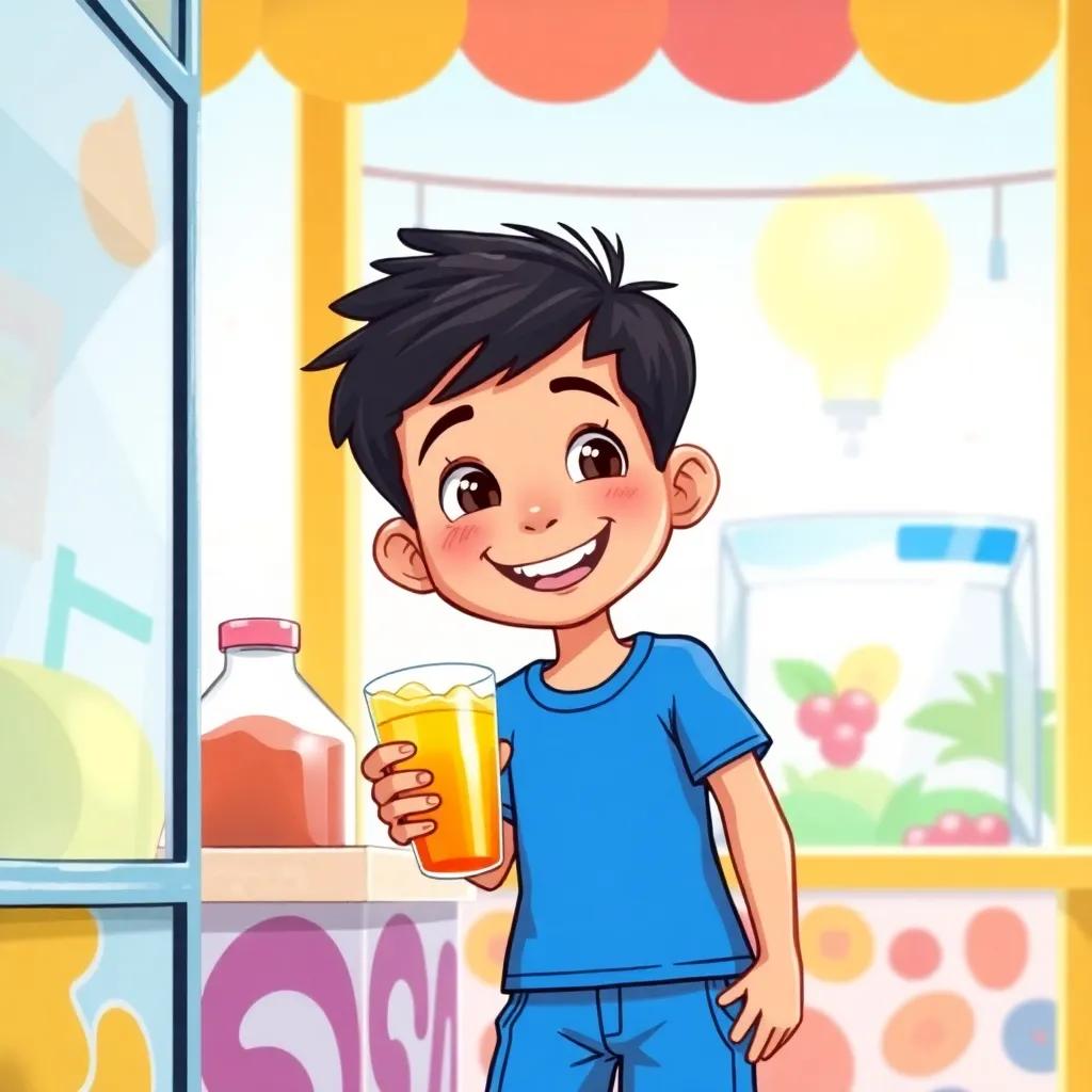 A young boy, Ali, with short black hair, wearing a bright blue t-shirt and shorts, smiling while holding a cold cup of juice at a snack stand, bright sunny background, joyful moment, high quality