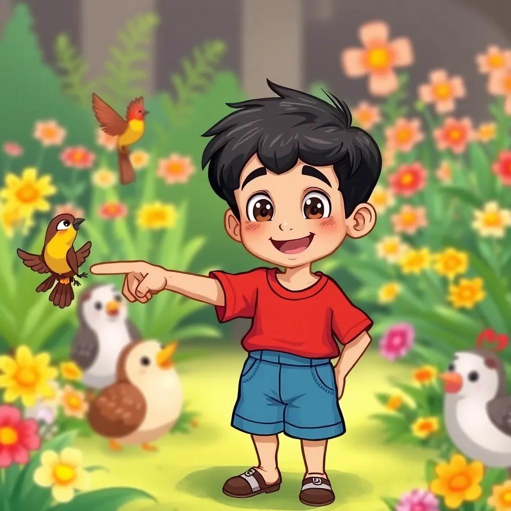 A young Middle-Eastern boy, Ali, with short black hair, wearing a red shirt and blue shorts, pointing excitedly at a small colorful bird in a garden, with joyful friends around him, bright flowers in the background, joyful scene, cartoon style, child-friendly, vivid colors, high detail