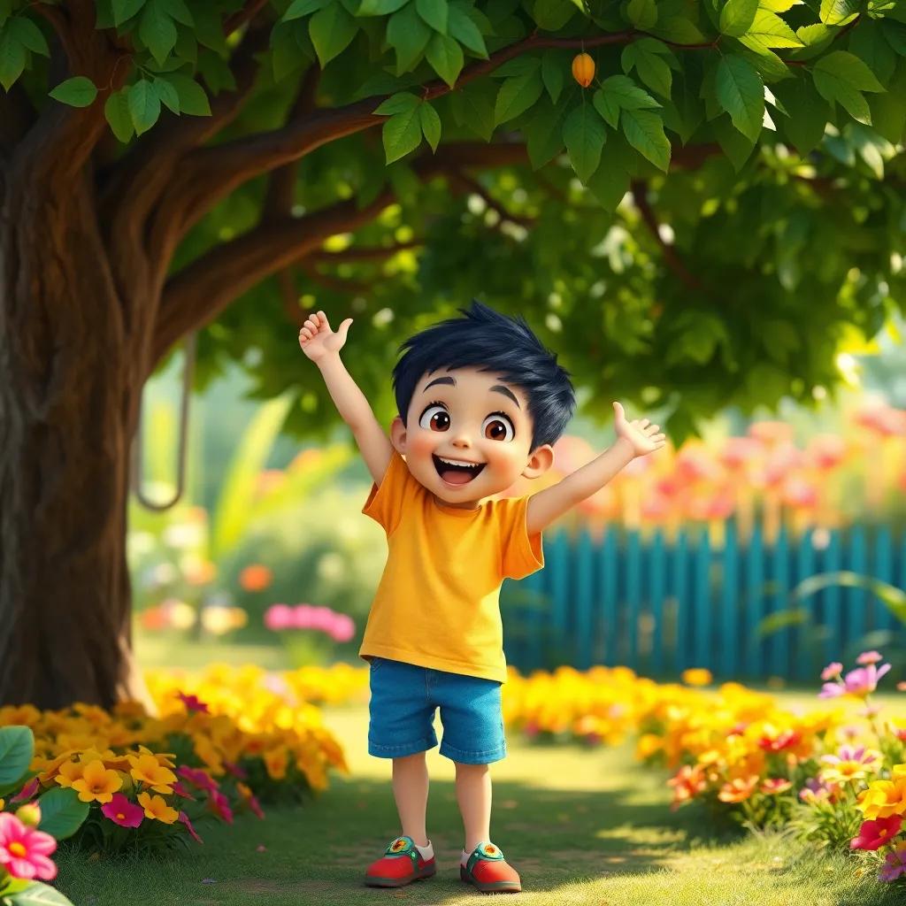 A joyful four-year-old boy, Ali, with short black hair, wearing a bright yellow t-shirt and blue shorts, excitedly looking under a large green tree in a colorful garden, digital art, cheerful atmosphere, vibrant colors, inviting scene, high quality