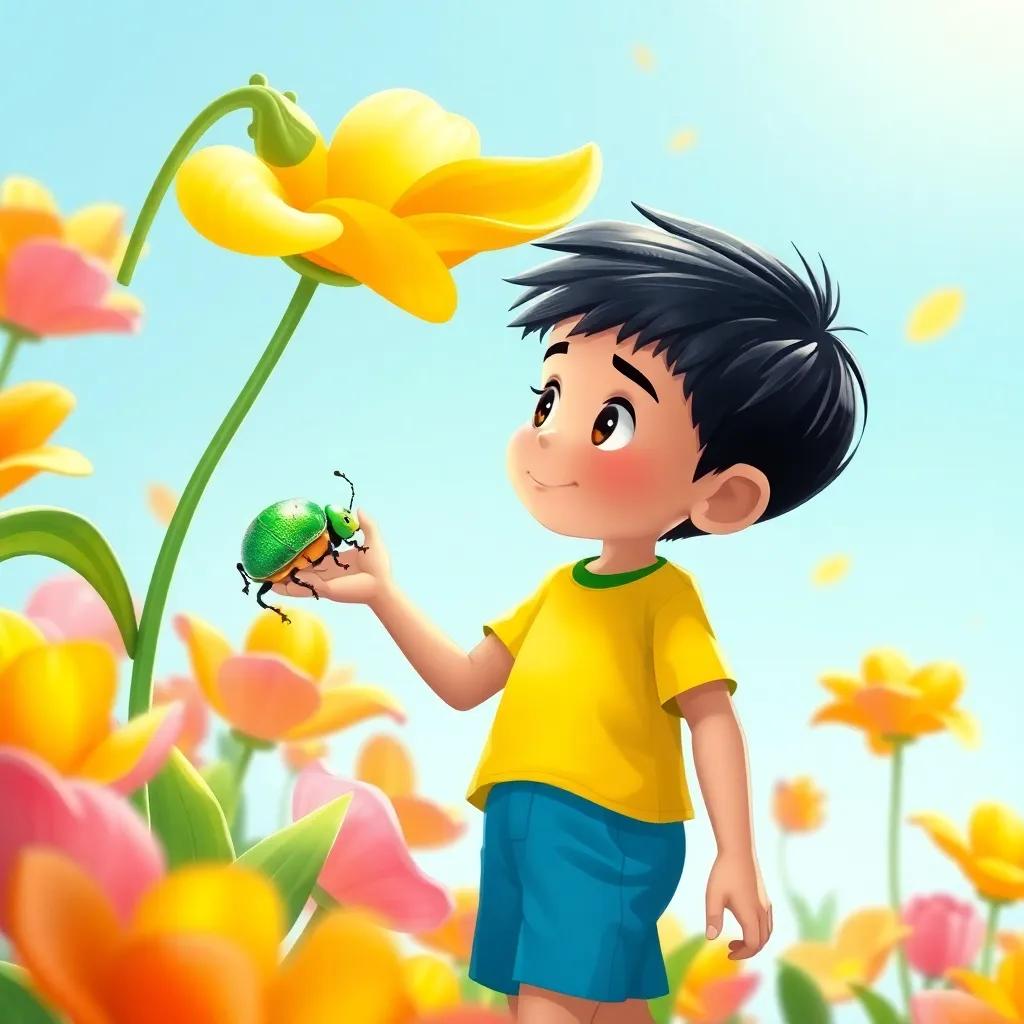 Ali, a playful four-year-old boy with short black hair, wearing a bright yellow t-shirt and blue shorts, gazing in wonder at a shiny green beetle hiding under a bright flower, surrounded by colorful petals and sunshine, illustration, playful, child-friendly, imaginative, high quality