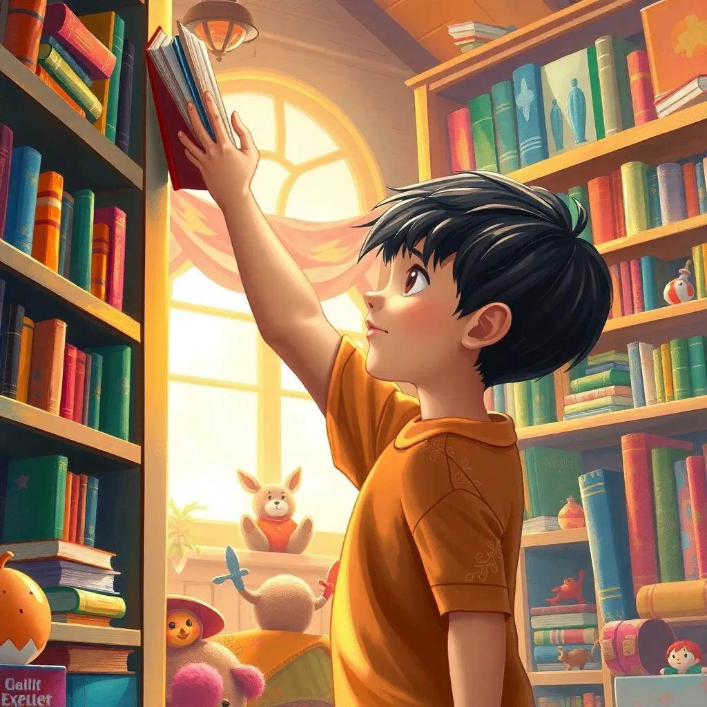 Ali, a young boy with short, dark hair, reaching for a high book on a big bookshelf in his colorful room, filled with toys, bright light and warm colors, engaging scene, detailed illustration