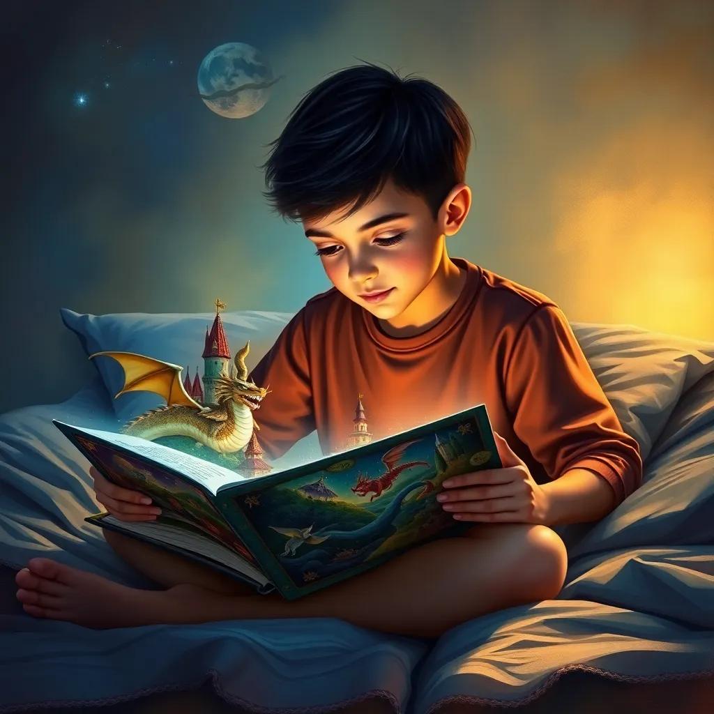 Ali, a young boy with short, dark hair, sitting on his bed, opening a magical book with dragons and castles, soft light illuminating the pages, vibrant colors, exciting atmosphere, storytelling visual