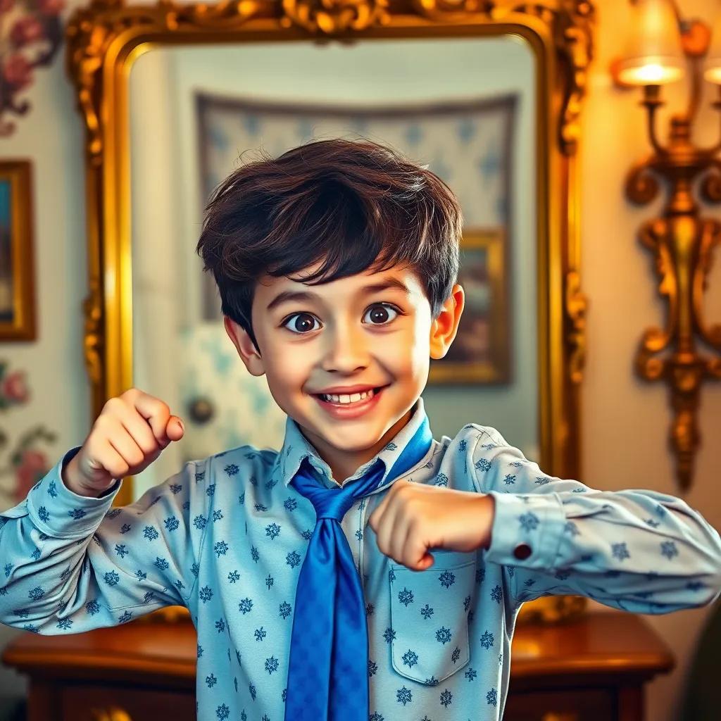 Ali, a young boy wearing pajamas and a blue tie, striking a heroic pose in front of a mirror, looking excited and brave, warm bedroom light, cheerful vibe, colorful details