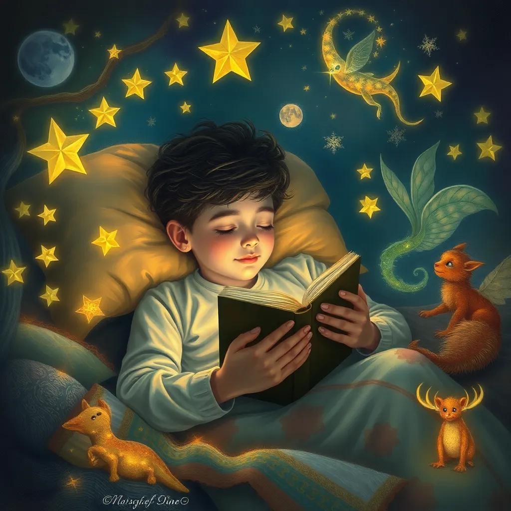 A dreamy scene of Ali sleeping with a book in his arms, surrounded by glowing stars and magical creatures, soft lighting and enchanting colors, imaginative atmosphere, comforting and whimsical