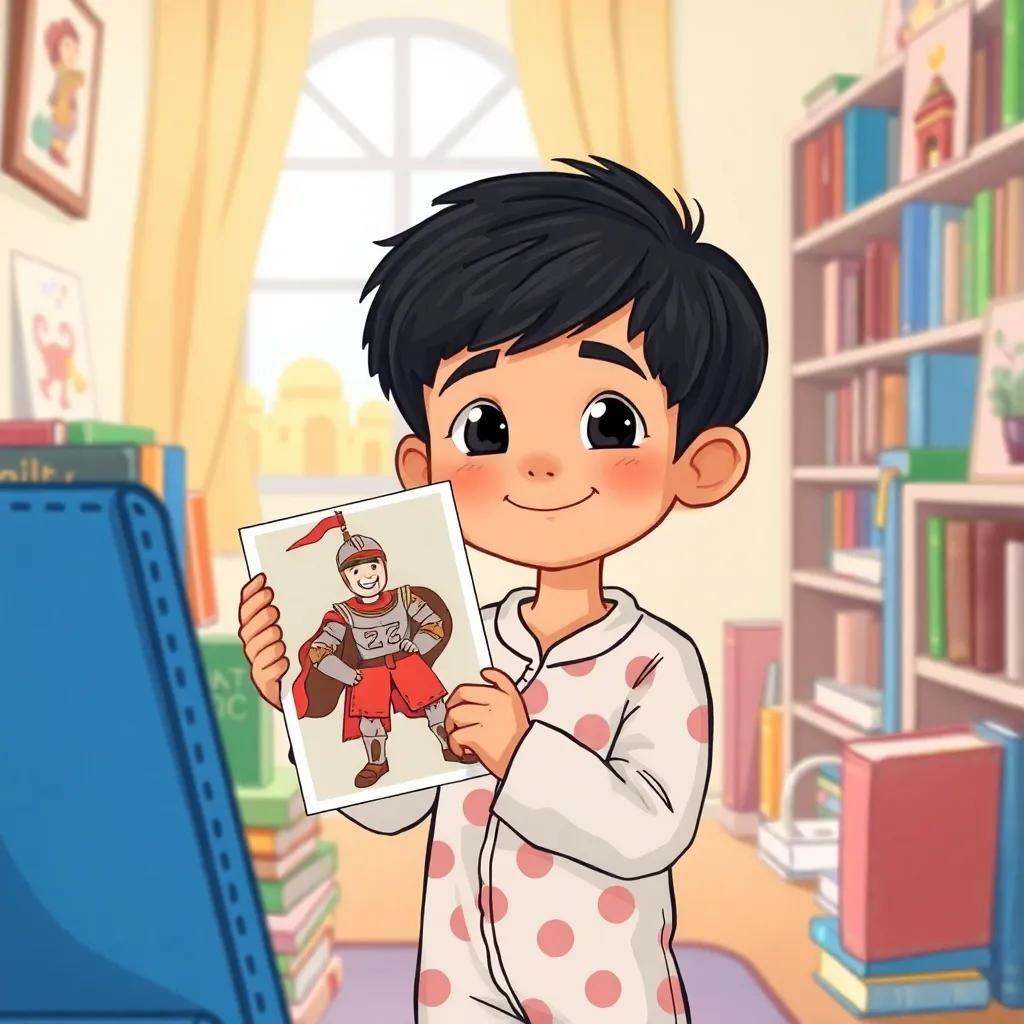 Ali, a young Middle Eastern boy, with short black hair, wearing pajamas, holding a knight picture, smiling with wonder in a room filled with books, illustrations, cheerful, inviting atmosphere, child-friendly