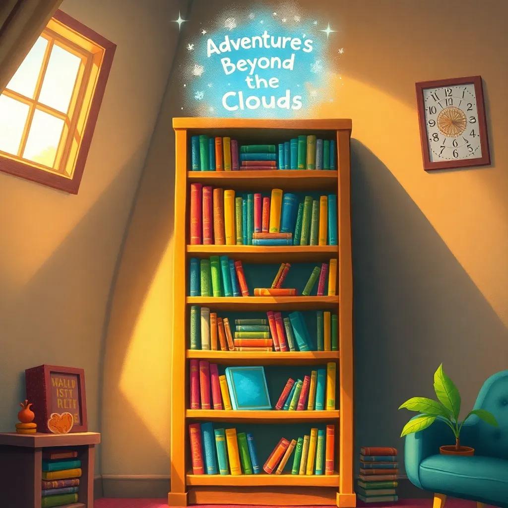 A tall bookshelf in a cozy room, filled with colorful books and a shimmering one at the top labeled 'Adventures Beyond the Clouds', warm and inviting light, child-friendly, vibrant colors, detailed