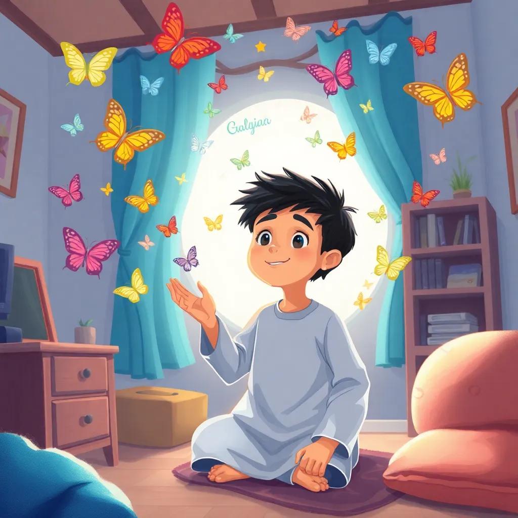 Ali, a young Middle Eastern boy, with short black hair, discovering magical words flying around him, colorful butterflies swirling in a cozy room, fantasy, imaginative atmosphere, child-friendly