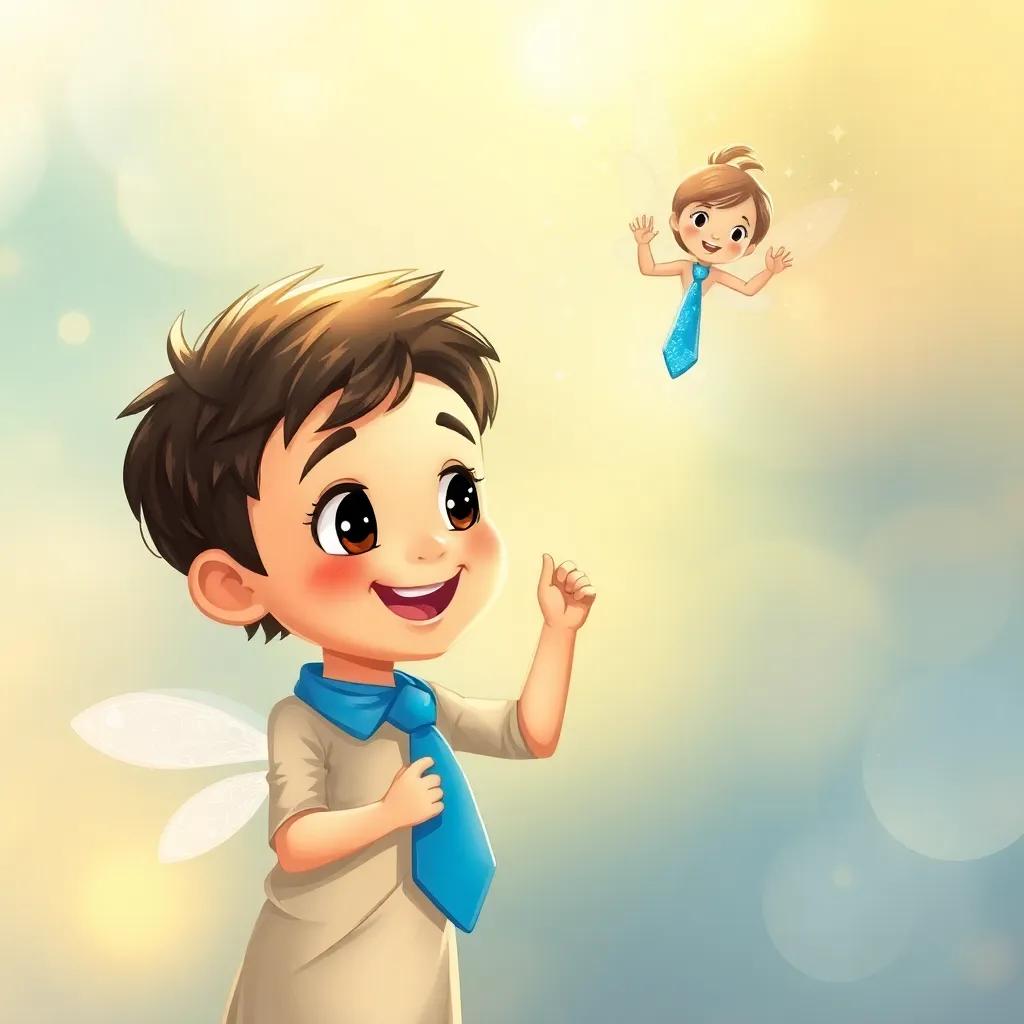 A tiny fairy with sparkling wings, hovering in the air, giving a bright blue tie to Ali, a young Middle Eastern boy, with a look of excitement, surrounded by magical light, enchanting atmosphere, joyful moment, high quality