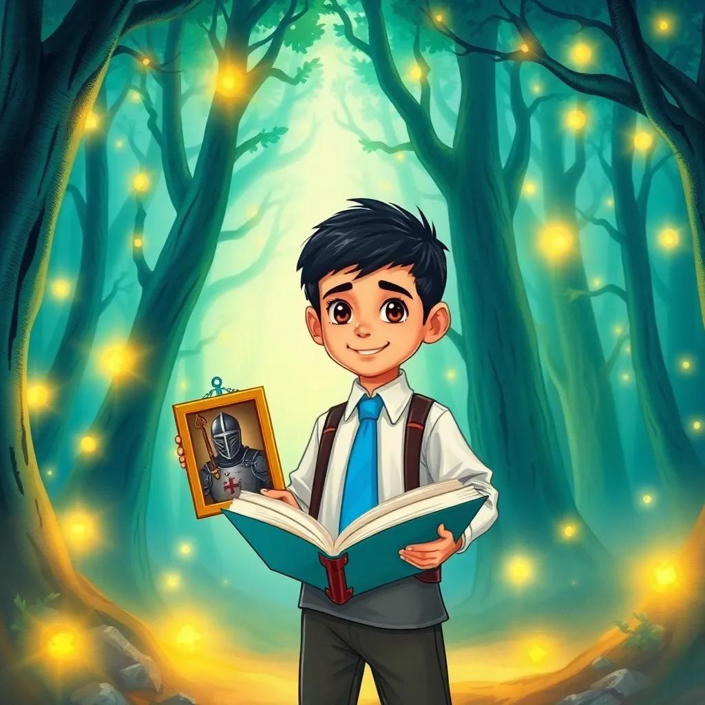 Ali, a young Middle Eastern boy, with short black hair, confidently wearing a bright blue tie, holding a knight picture and an open book, as he stands in a mystical forest filled with glowing trees, adventure, magical atmosphere, high quality
