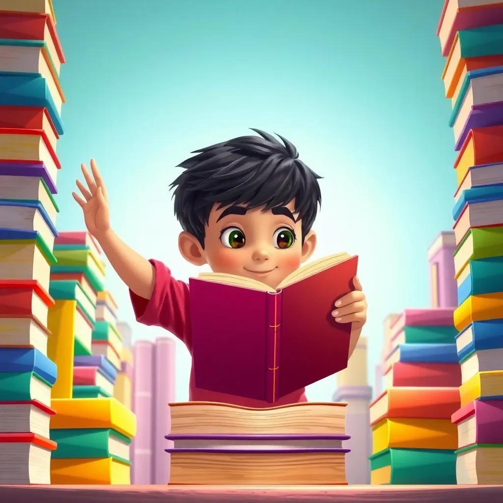 Ali, a young boy with short black hair, reaching for a big, shiny book on a colorful bookshelf, surrounded by tall stacks of books, illustration, playful light, vibrant colors, storytelling vision, child-friendly