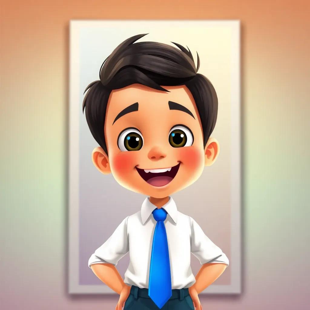 Ali, a young boy with short black hair, standing proudly in front of a mirror, wearing a bright blue tie, full of excitement and confidence, illustration, cheerful lighting, colorful background, child-friendly