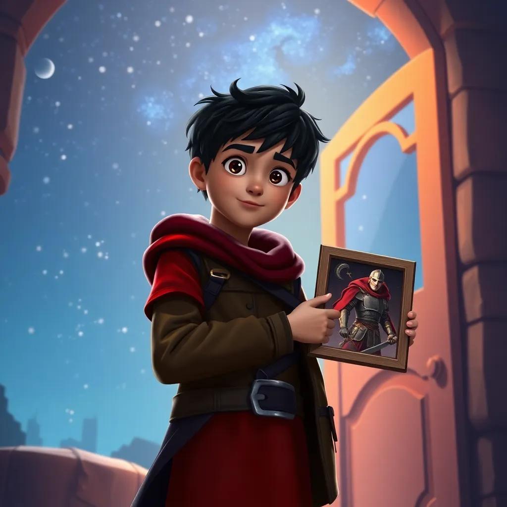 Ali, a young boy with short black hair and bright eyes, holding a knight picture on his arm, opening a door to adventure, night sky with stars outside, digital art, enchanting atmosphere, high-quality depiction