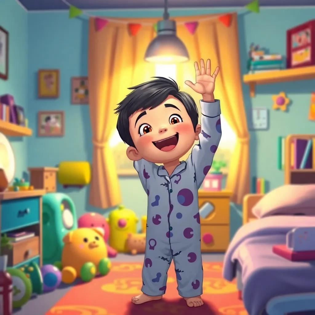 A young boy, Ali, with short black hair, wearing pajamas, excitedly switches on the light in his colorful bedroom filled with toys and books, illustration, bright colors, warm lighting, child-friendly atmosphere, high quality