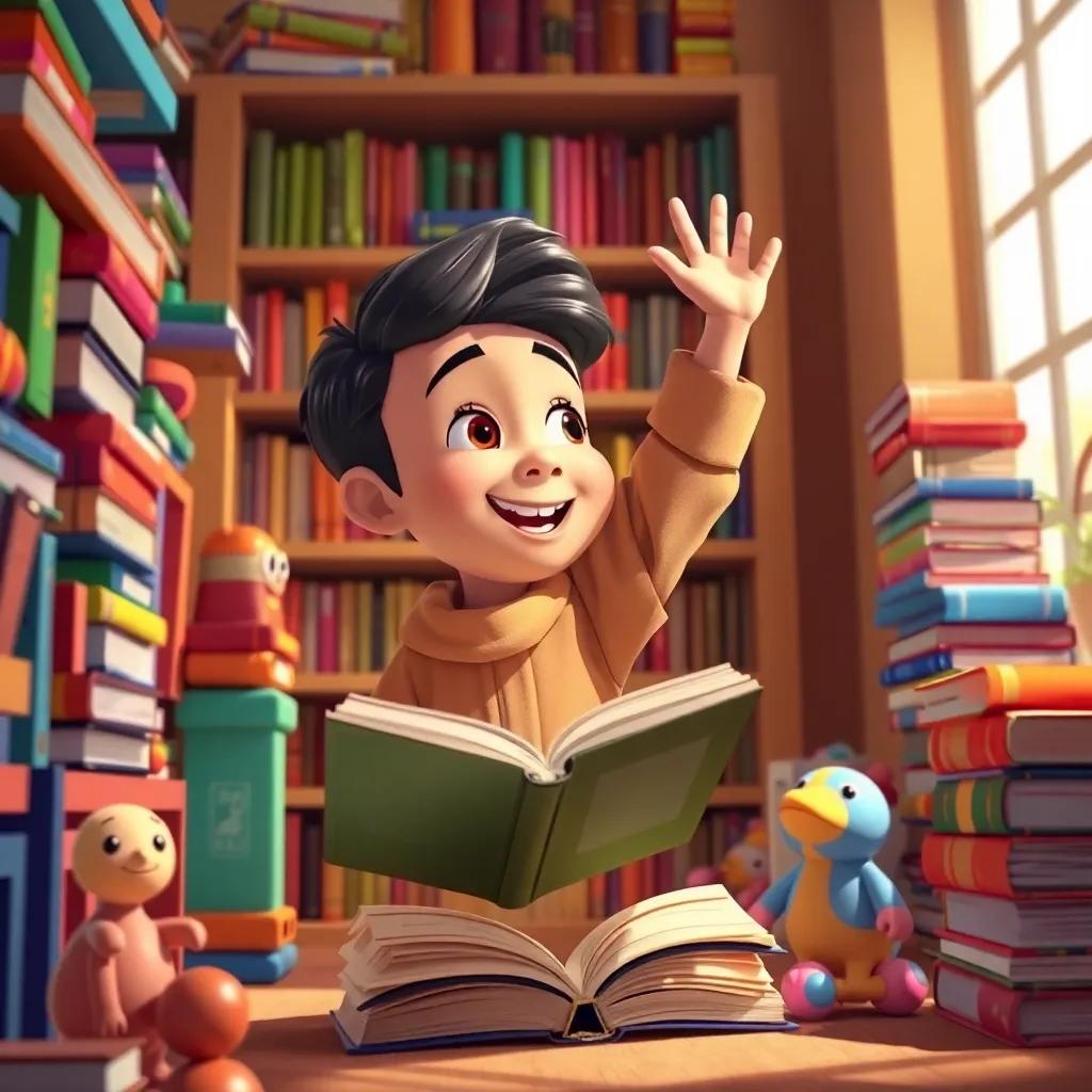 Ali reaching for a big, thick book from his library, surrounded by stacks of books and toys, colorful and playful setting, illustration, cheerful tones, warm light, engaging perspective, high quality