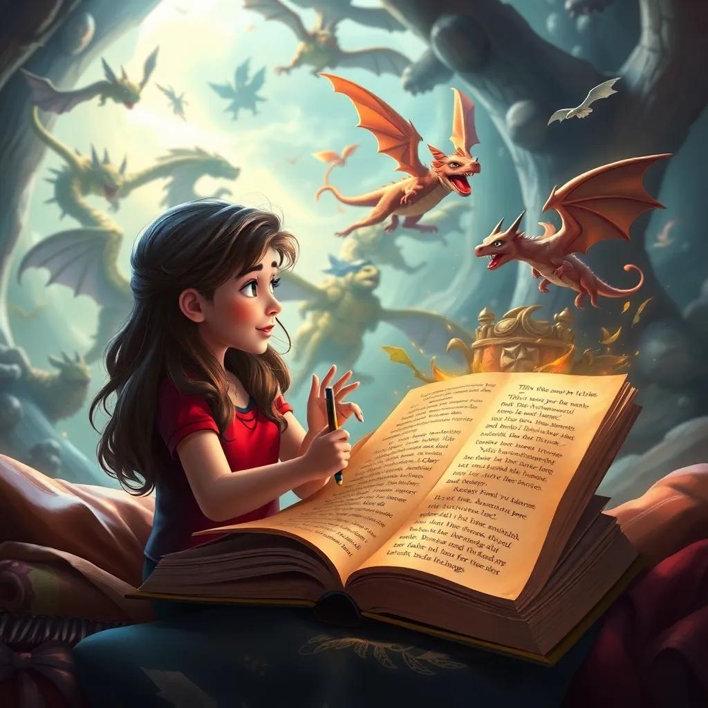 An open book with words dancing on the pages, Ali reading aloud with excitement, swirling illustrations of dragons and knights coming to life, digital painting, enchanting colors, lively scene, high detail